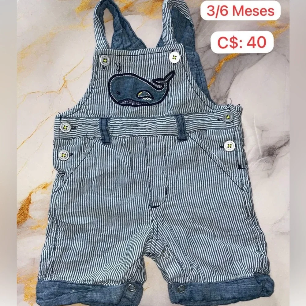 🐳 OSHKOSH Blue stripe Nautical Baby Romper 1pc w button center + SHOES SZ 12M